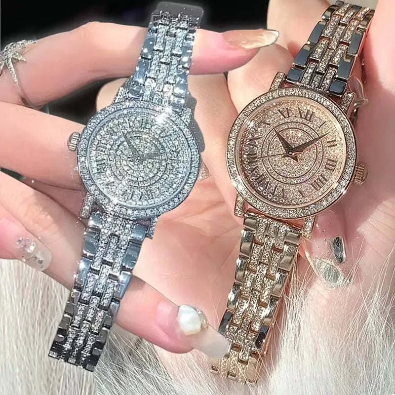 Women Luxury Shiny Diamond Watch Full Steel Diamond Watches Adjustable Bling Crystal Quartz Wristwatches for Women Clock Gifts