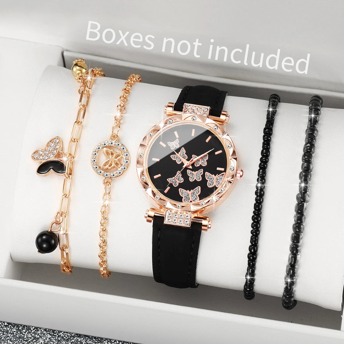 5PCs/Set Fashion Women Butterfly Watch With Bracelet Set Casual Leather Strap Quartz Watch