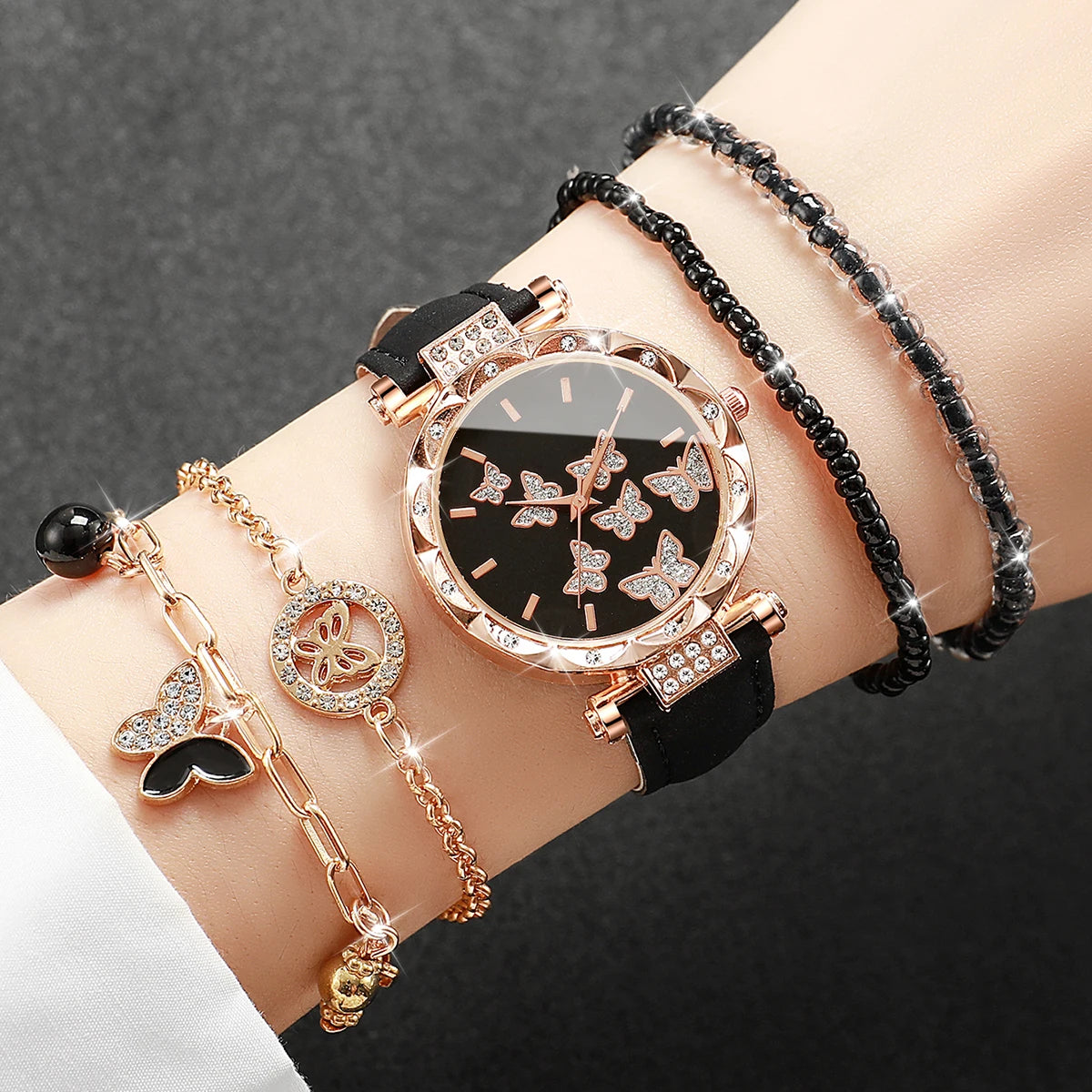 5PCs/Set Fashion Women Butterfly Watch With Bracelet Set Casual Leather Strap Quartz Watch