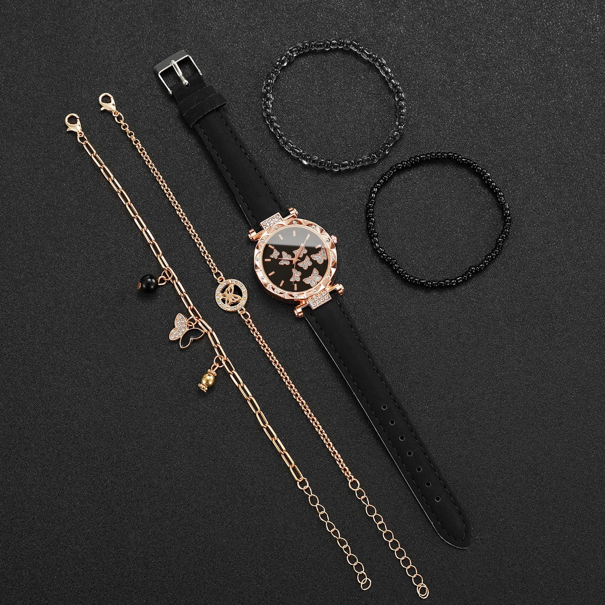 5PCs/Set Fashion Women Butterfly Watch With Bracelet Set Casual Leather Strap Quartz Watch