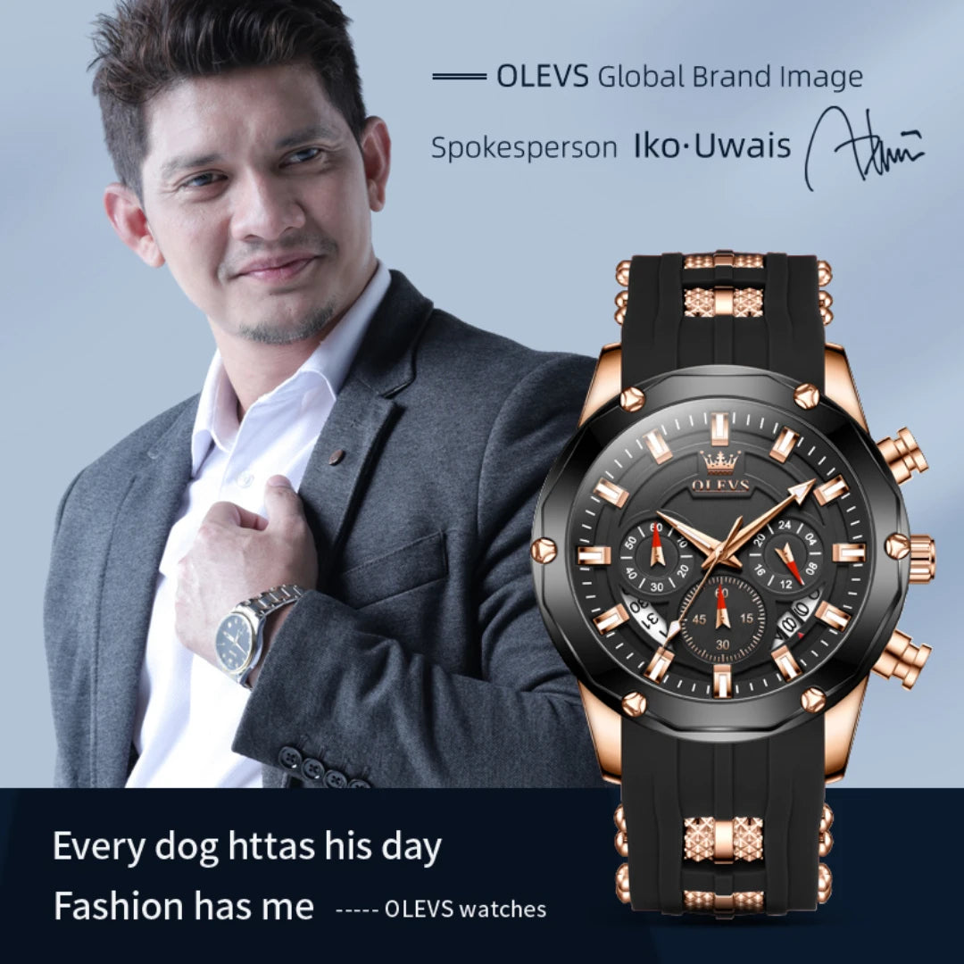 OLEVS 9991 Quartz Fashion Watch Gift Round-dial Silicone Watchband Wristwatch Chronograph Small second