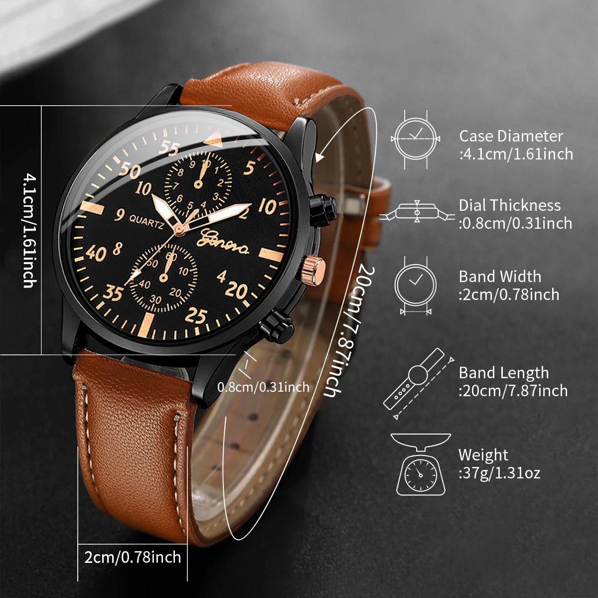 Men's Watches Casual Leather Band Quartz Watch with Vintage Bracelet